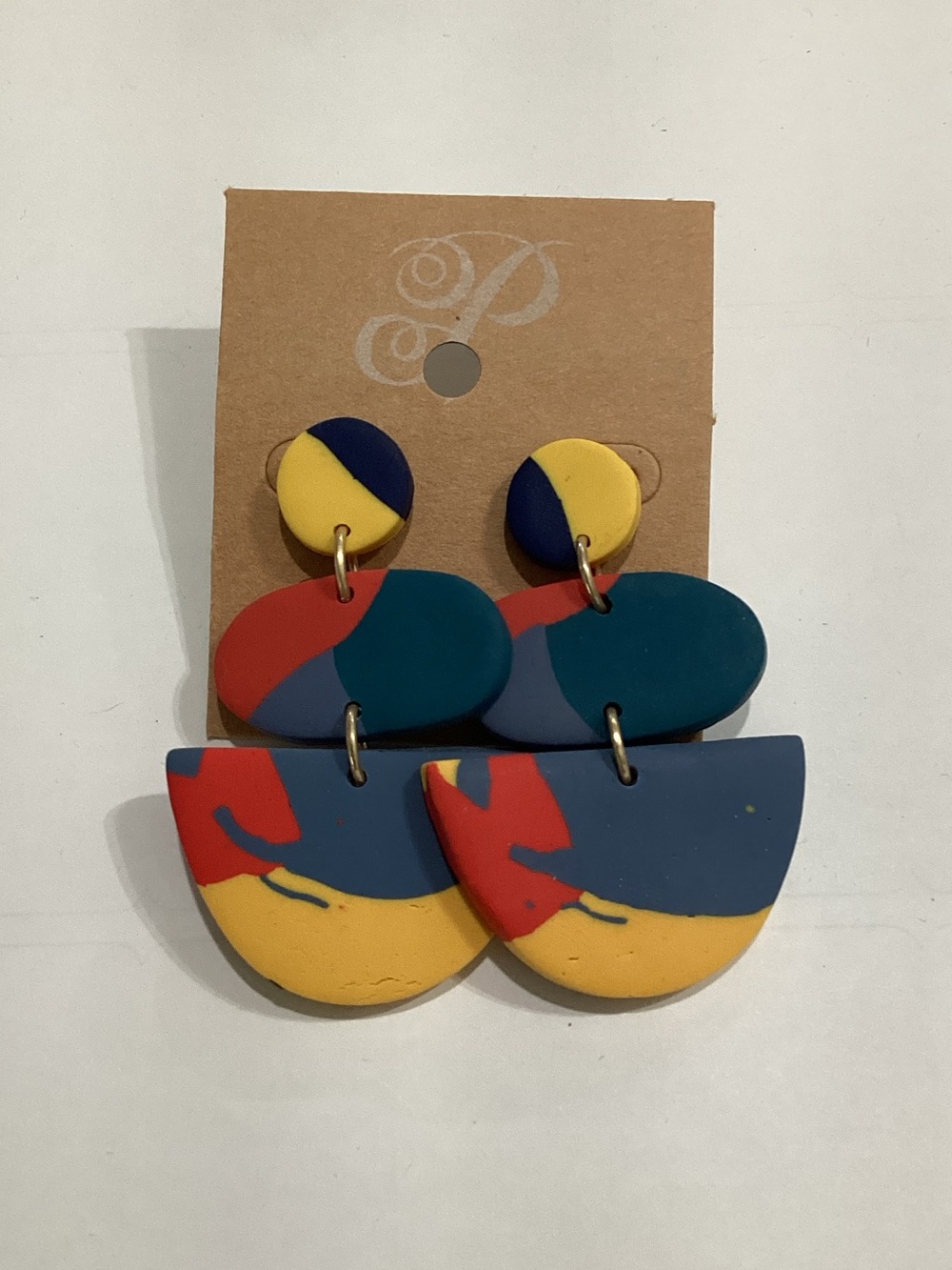 Colorful Abstract Polymer Clay Dangle Earrings - Yellow, Blue, Red,‎ Teal